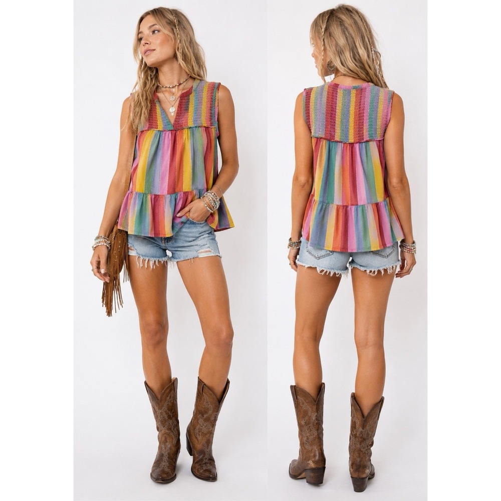 Rainbow Tiered Sleeveless Top PXL Boho Festival Whimsical Smocked Peasant